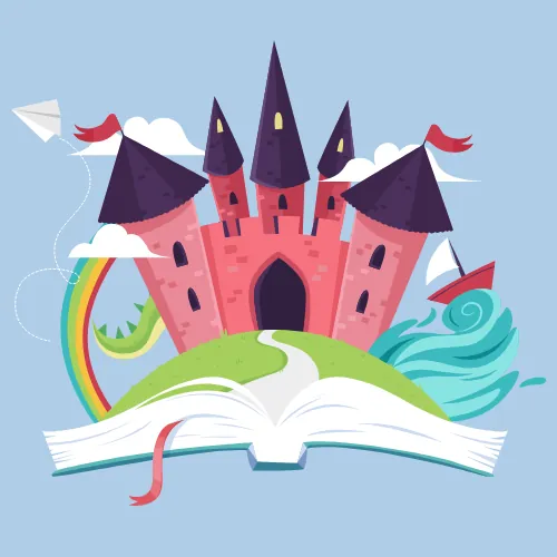 Ilustración que muestra un castillo saliendo de un libro