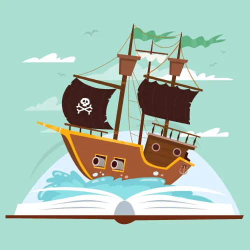 Ilustración que muestra un barco navegando sobre un libro