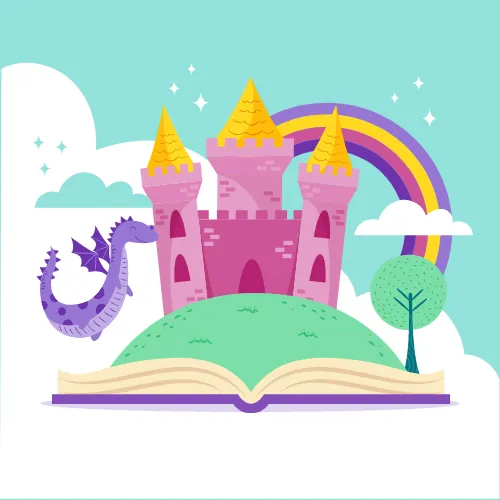 Ilustración que muestra un libro de donde sale un castillo, un dragon y un arco íris