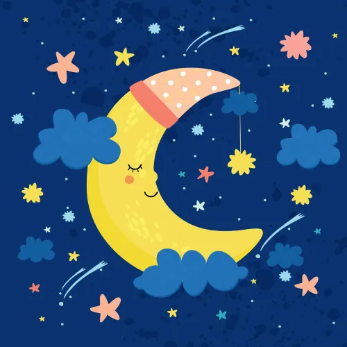 Ilustración dónde aparece una media luna durmiendo.
