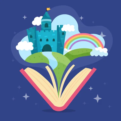 Ilustración donde a partir de un libro aparecen sueños como un castillo o un arco íris.